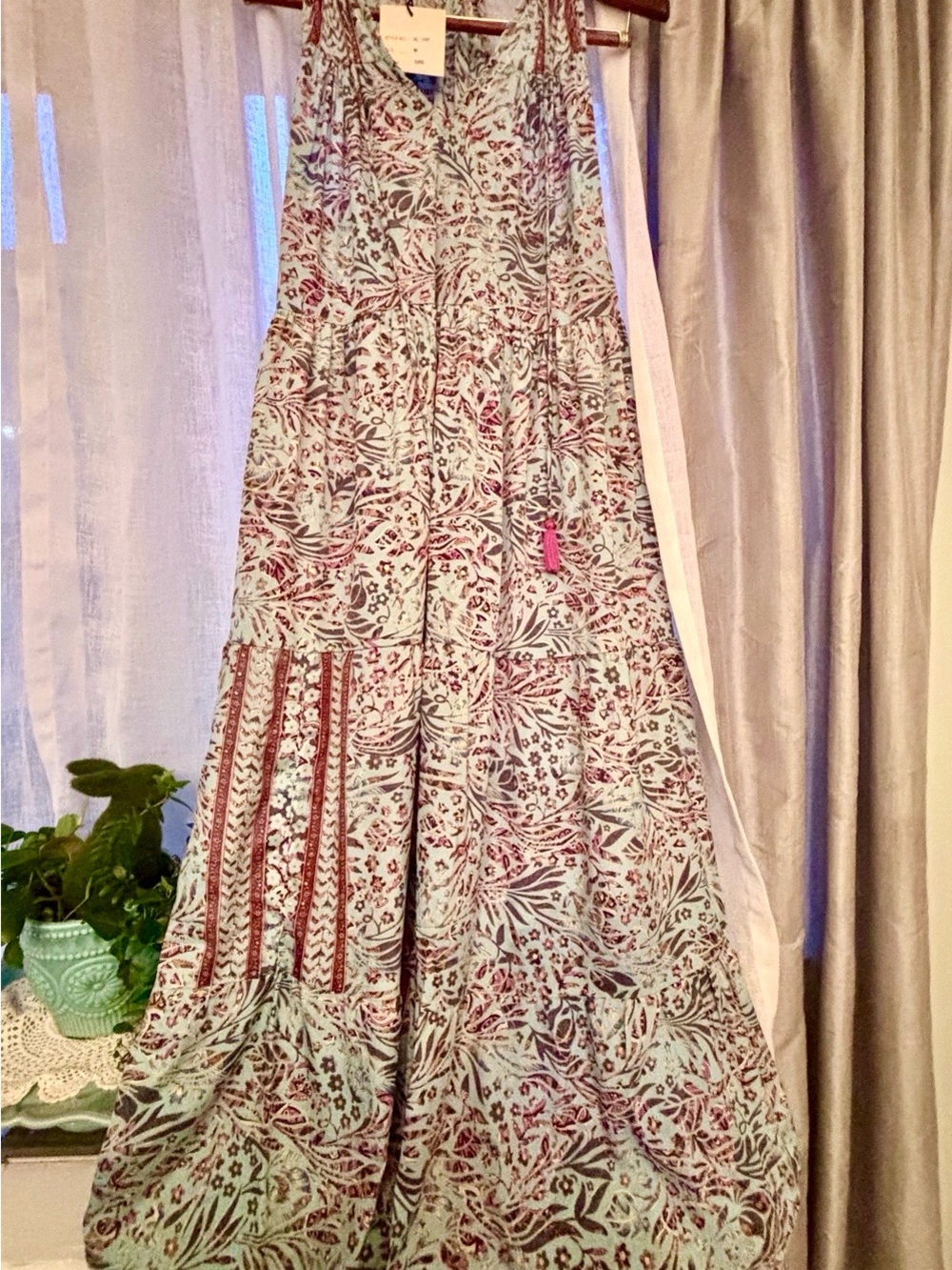 NWT Paani Boho Mint Floral Tassel Tie Maxi Dress Size M